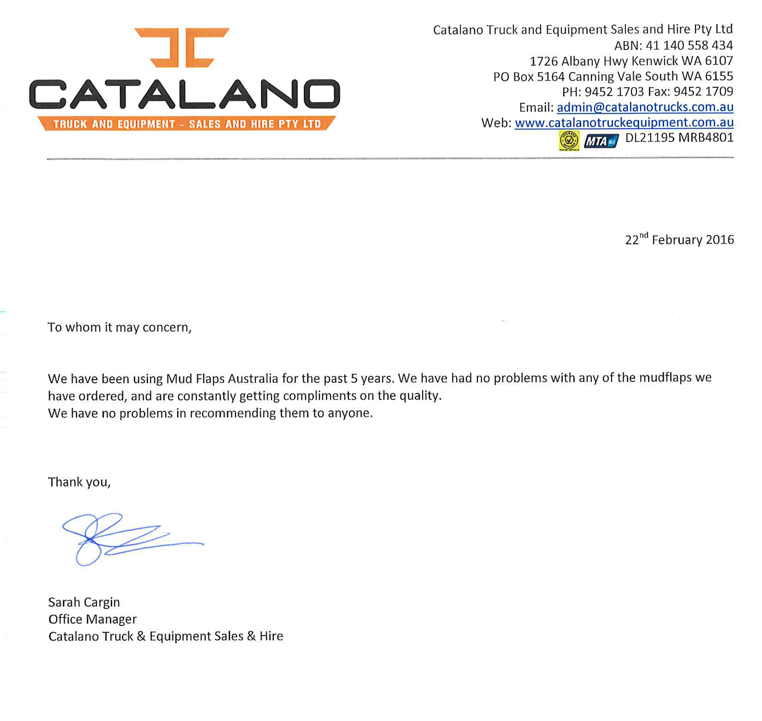 Reference from a happy branded mudflaps customer